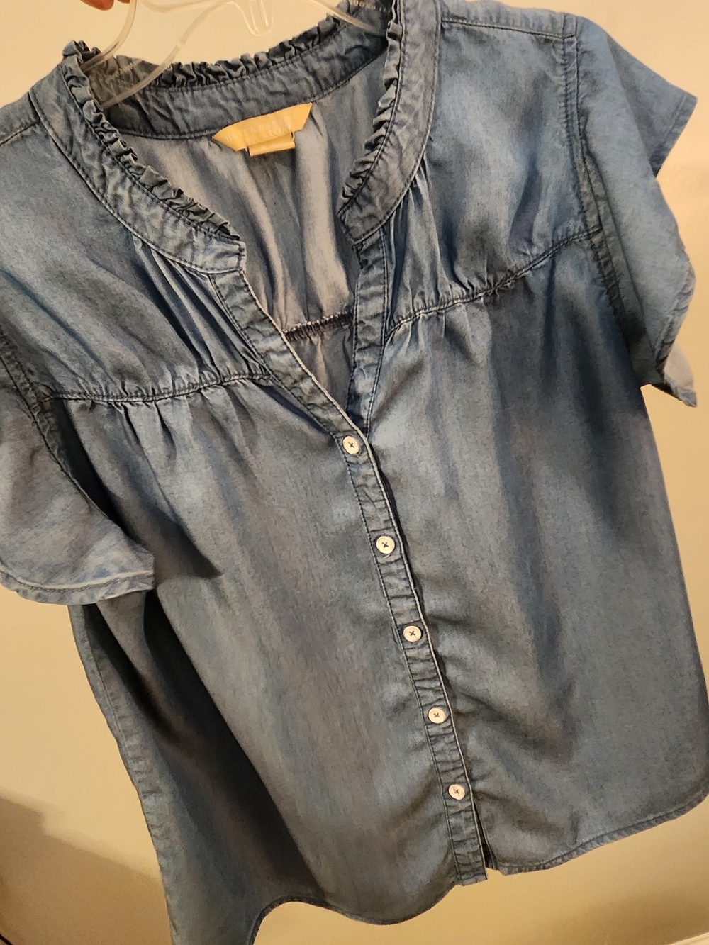 Hope & Harlow- Blue Chambray Flutter Sleeve Button-Up. Size Petite Large.  NWOT.